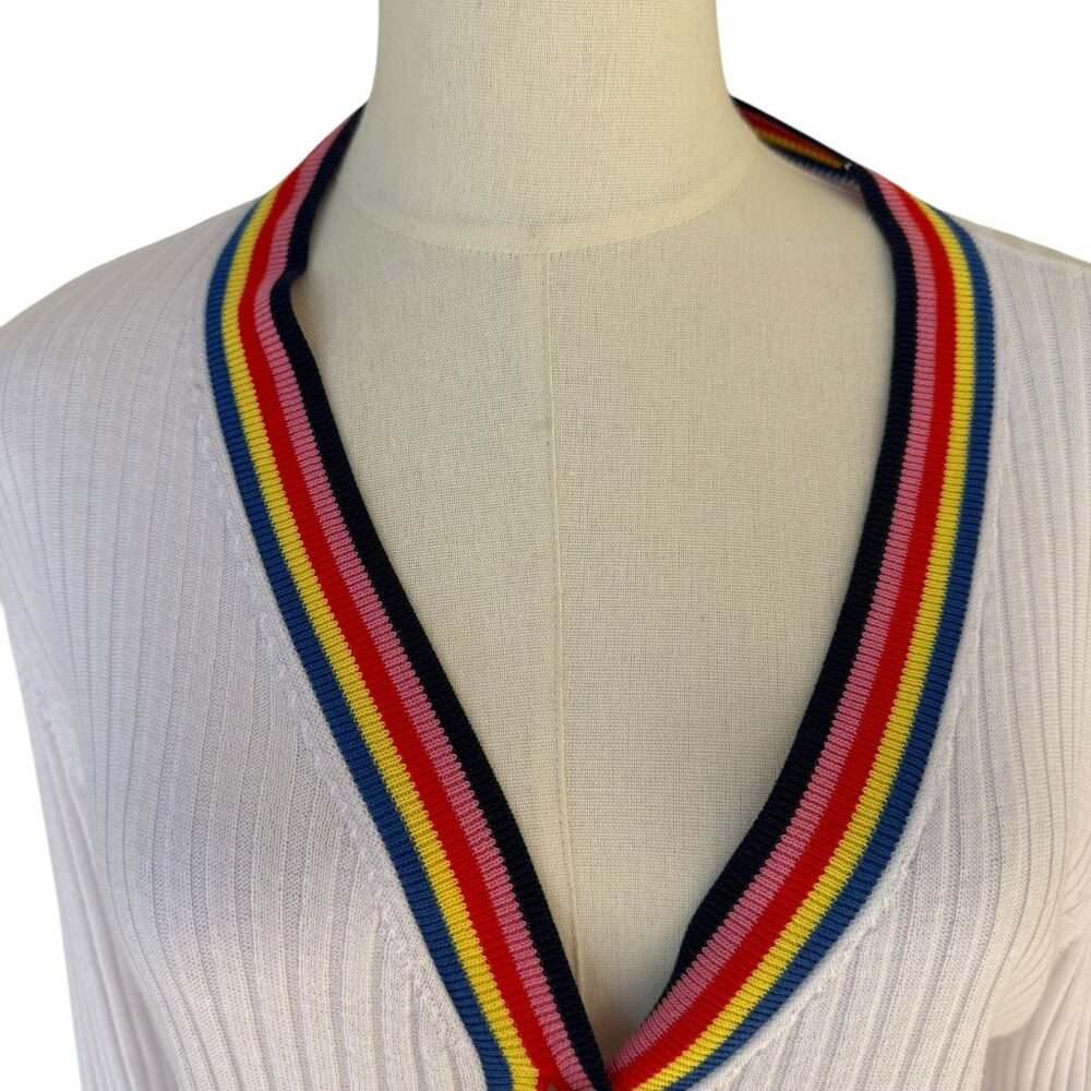 LOFT White Ribbed Button Front Cardigan Sweater with Rainbow Trim – Size L - Picture 5 of 8